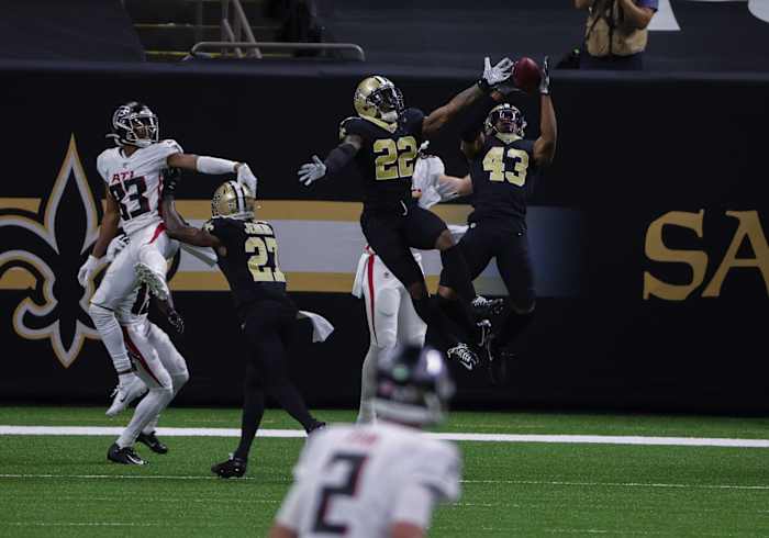 Nov 22, 2020; New Orleans, Louisiana, USA; New Orleans Saints free safety Marcus Williams (43) intercepts a pass at the end of the second quarter at the Mercedes-Benz Superdome. Mandatory Credit: